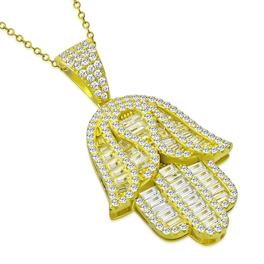 925 Sterling Silver Hamsa Pendant Necklace Cubic Zirconia