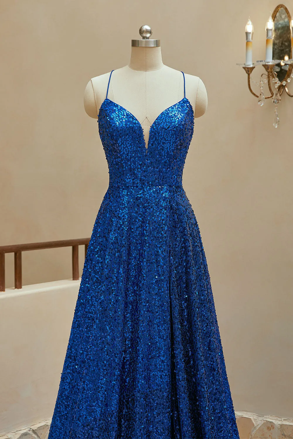 A Line Spaghetti Straps Sequin Prom Dresses With Slit Sparkly Evening Dresses