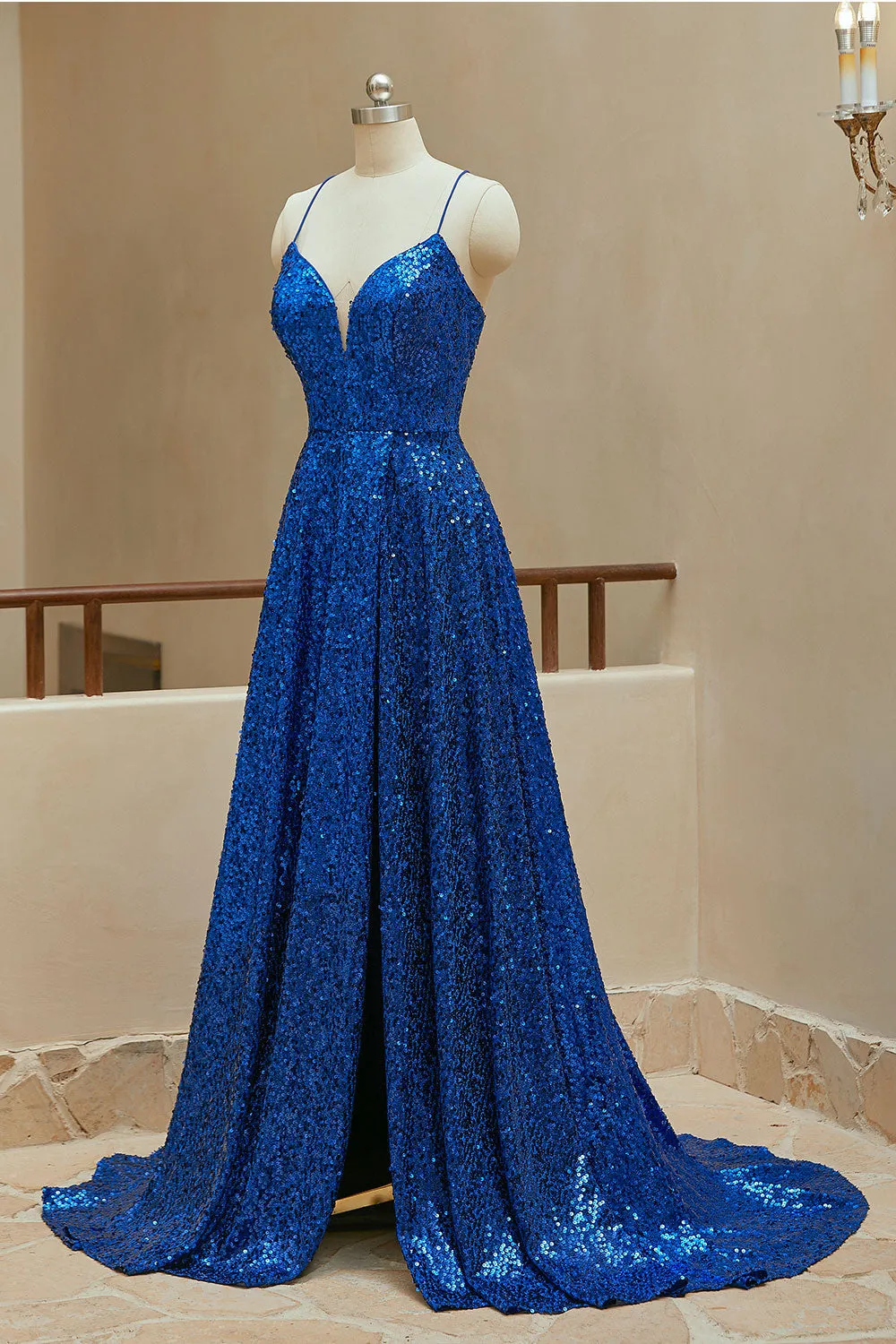 A Line Spaghetti Straps Sequin Prom Dresses With Slit Sparkly Evening Dresses