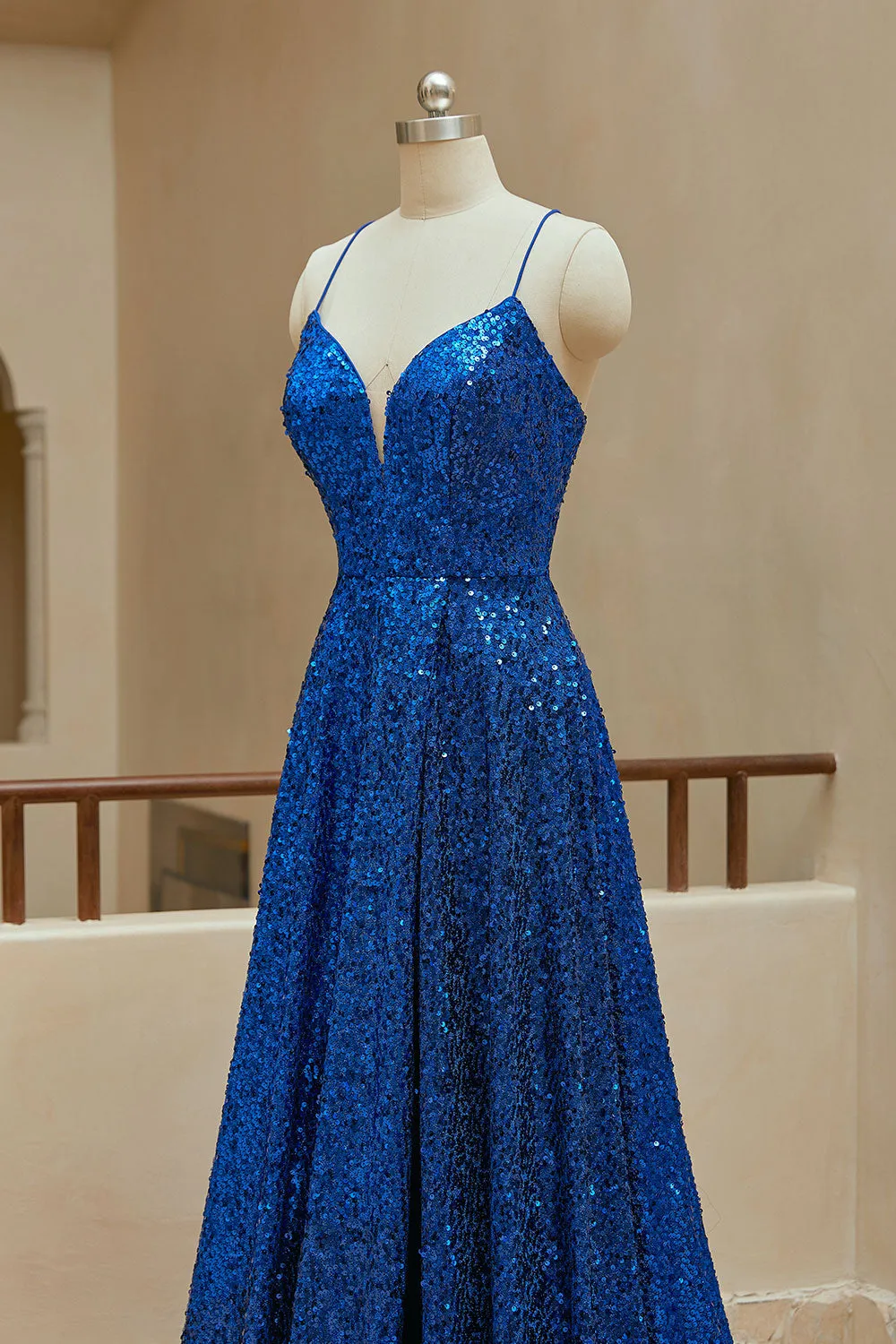 A Line Spaghetti Straps Sequin Prom Dresses With Slit Sparkly Evening Dresses