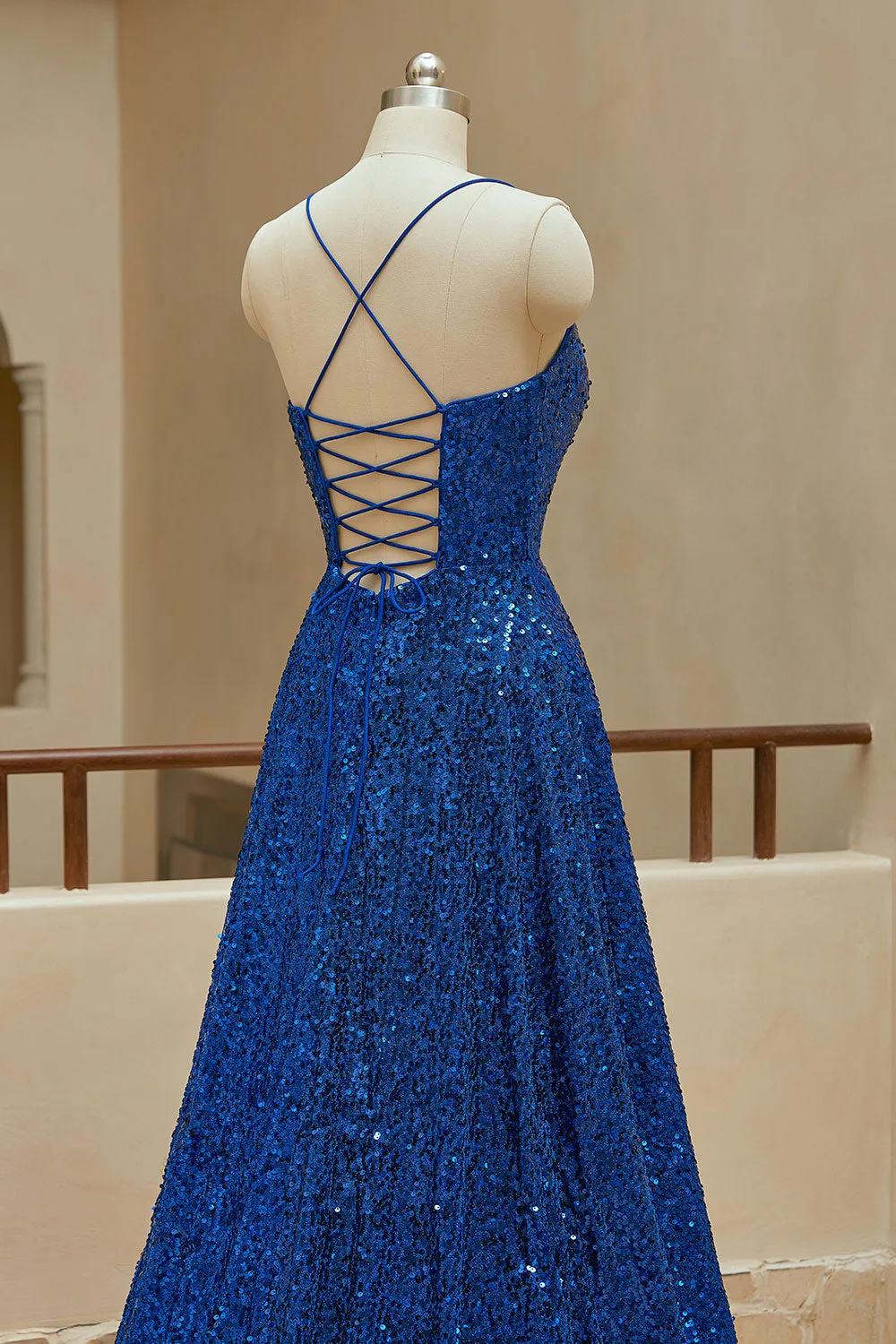 A Line Spaghetti Straps Sequin Prom Dresses With Slit Sparkly Evening Dresses