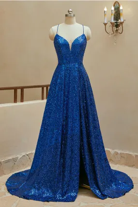 A Line Spaghetti Straps Sequin Prom Dresses With Slit Sparkly Evening Dresses