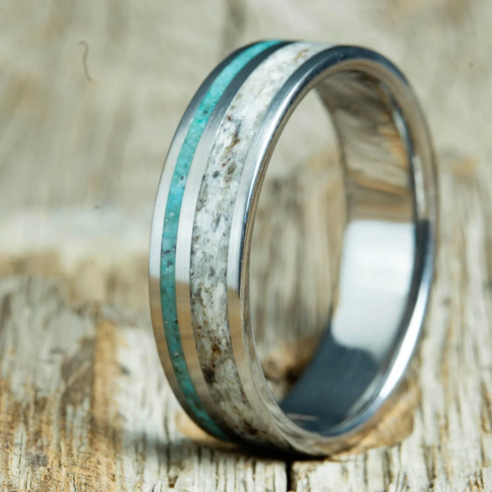 Antler ring with offset turquoise stone inlay