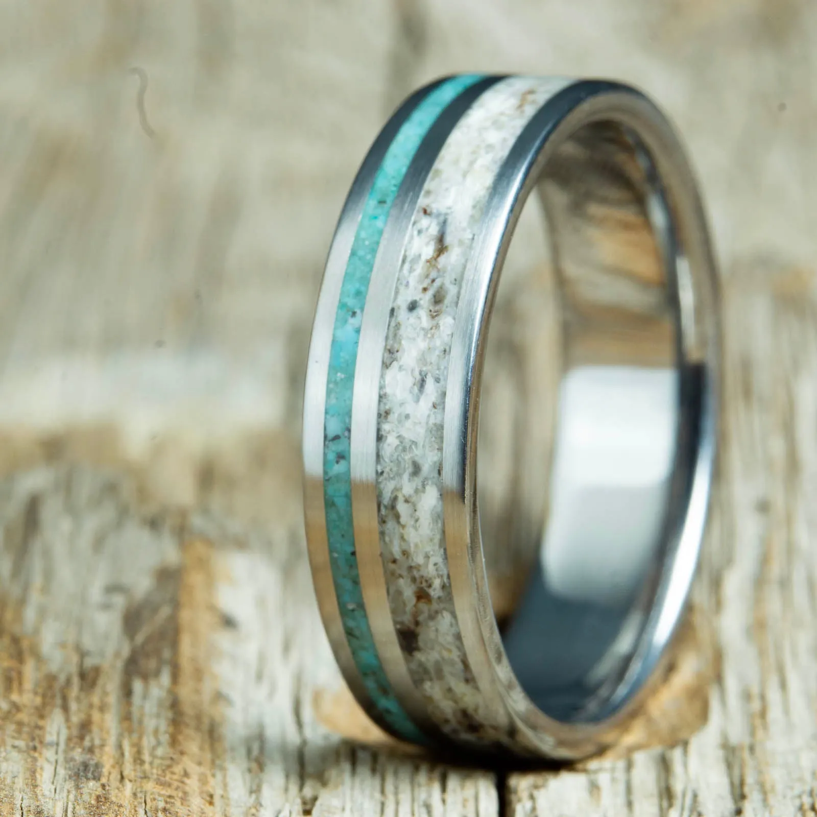 Antler ring with offset turquoise stone inlay