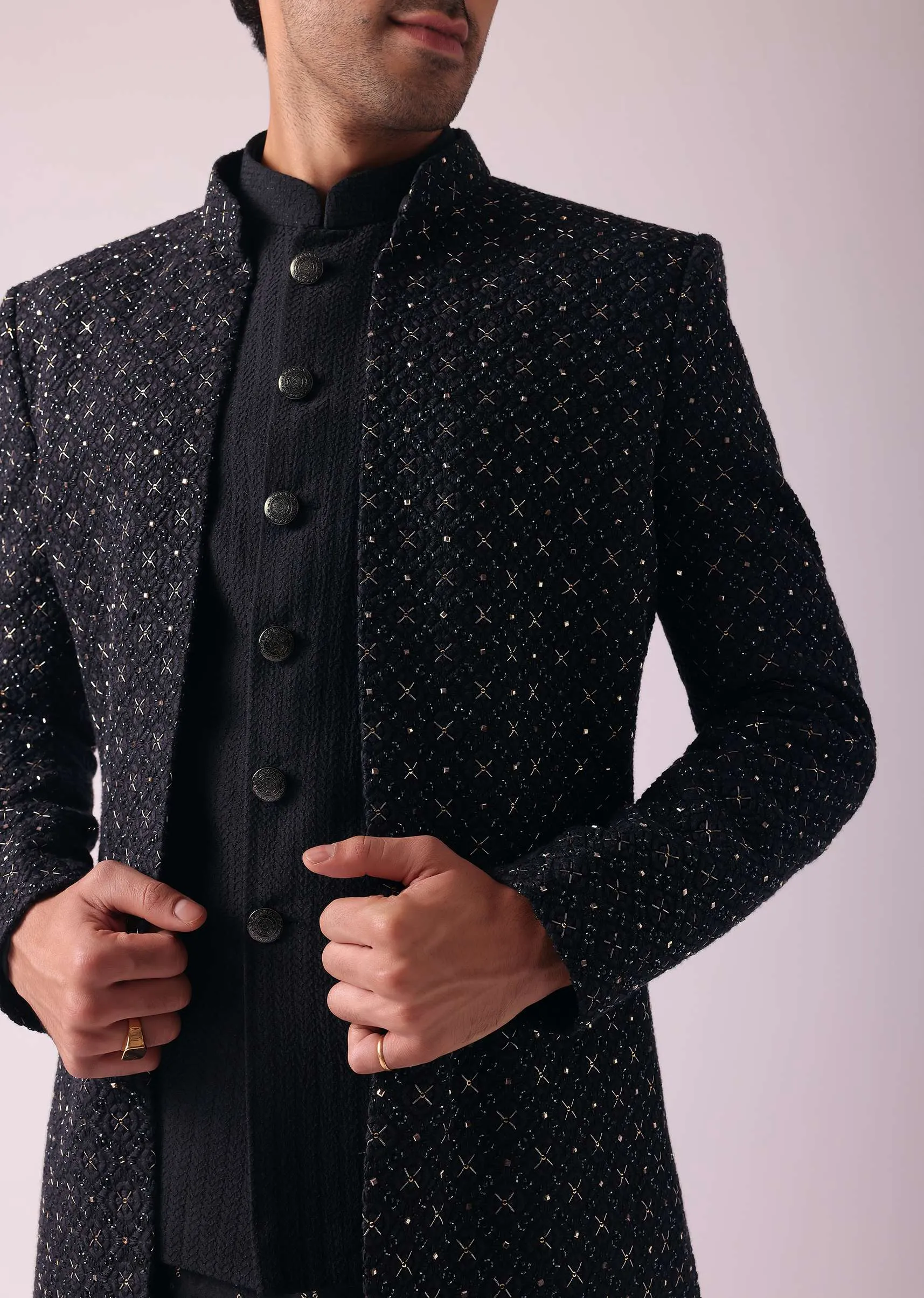 Black Shimmery Indowestern With Cut Work