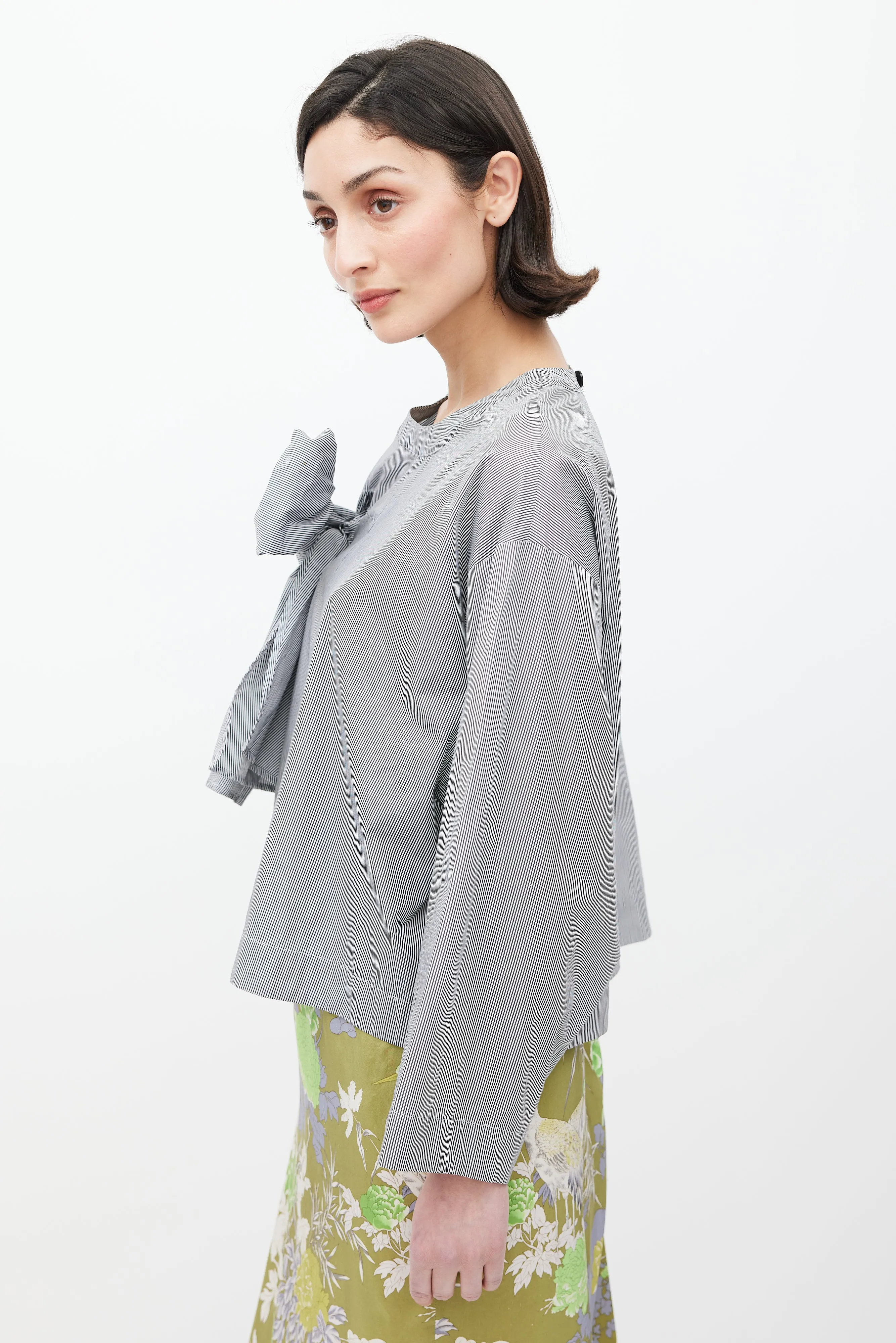Blue & White Pinstripe Bow Front Top