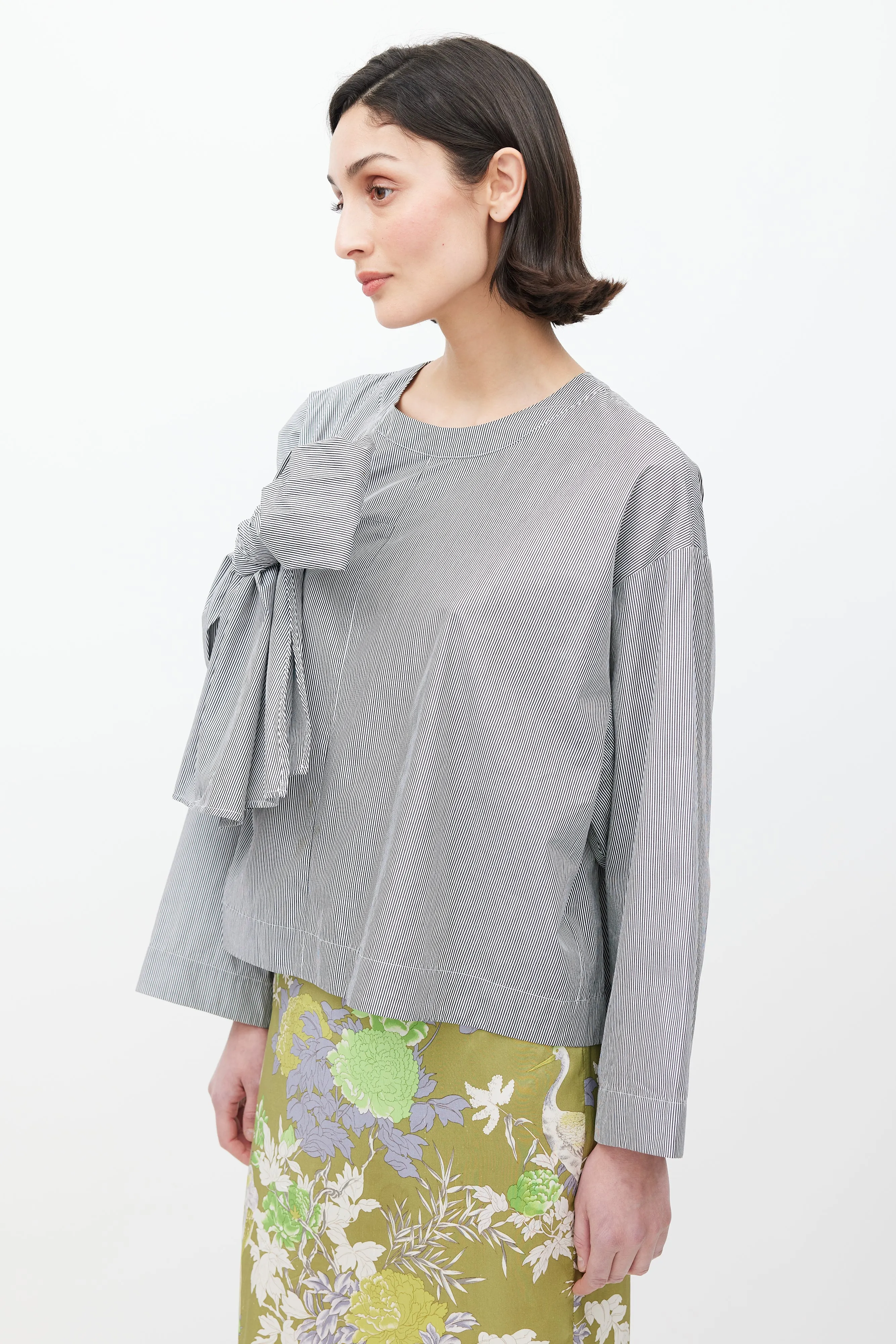 Blue & White Pinstripe Bow Front Top