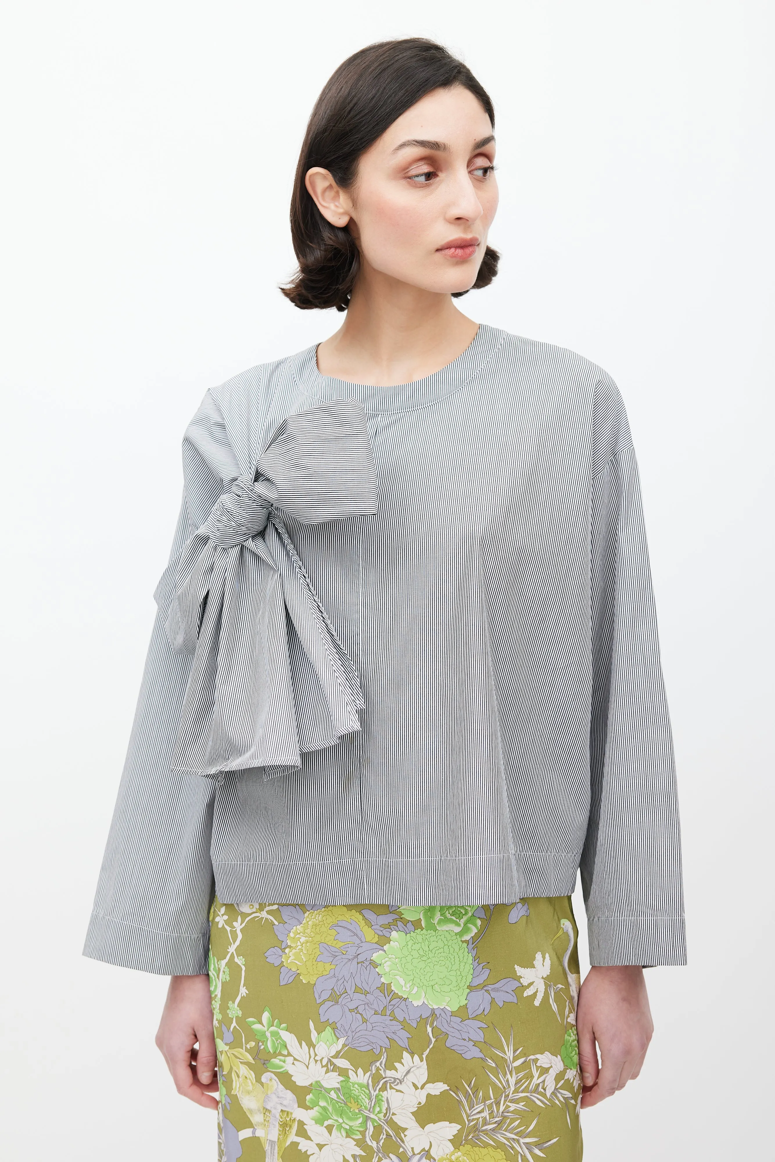 Blue & White Pinstripe Bow Front Top