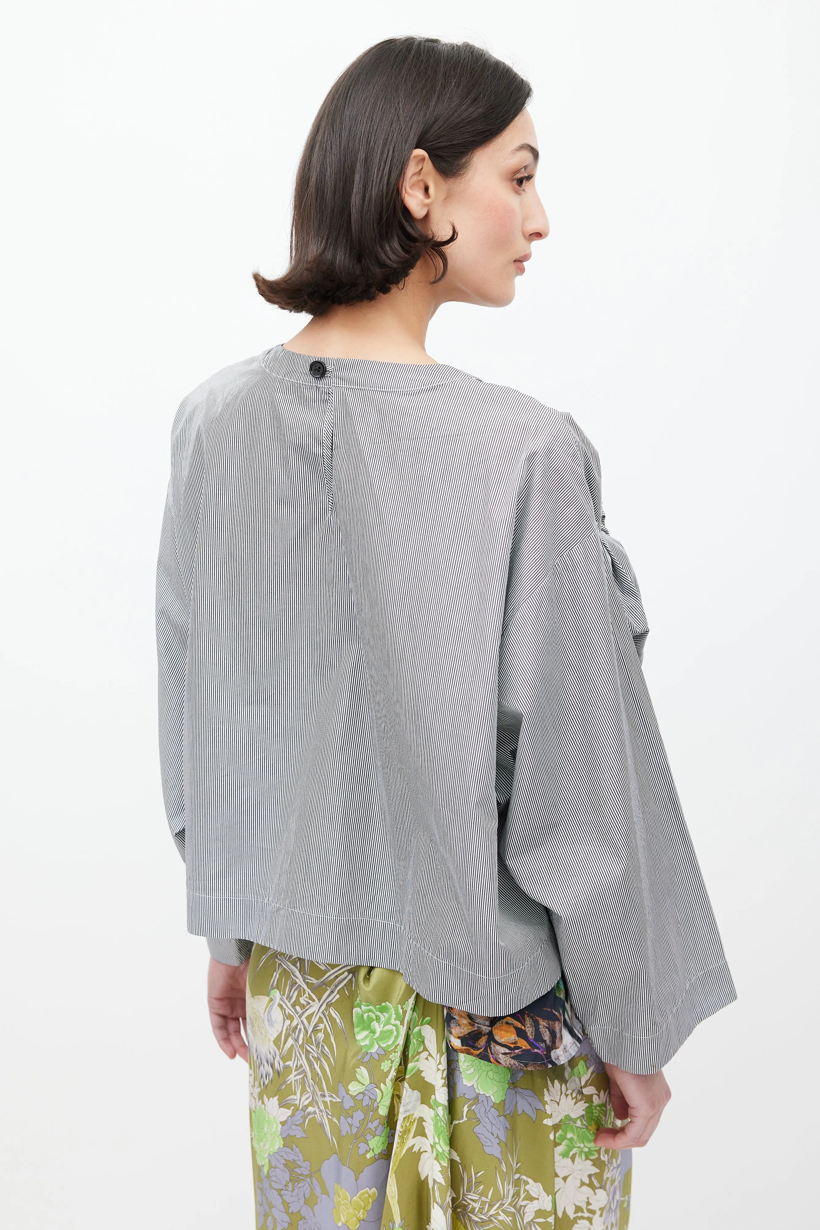 Blue & White Pinstripe Bow Front Top
