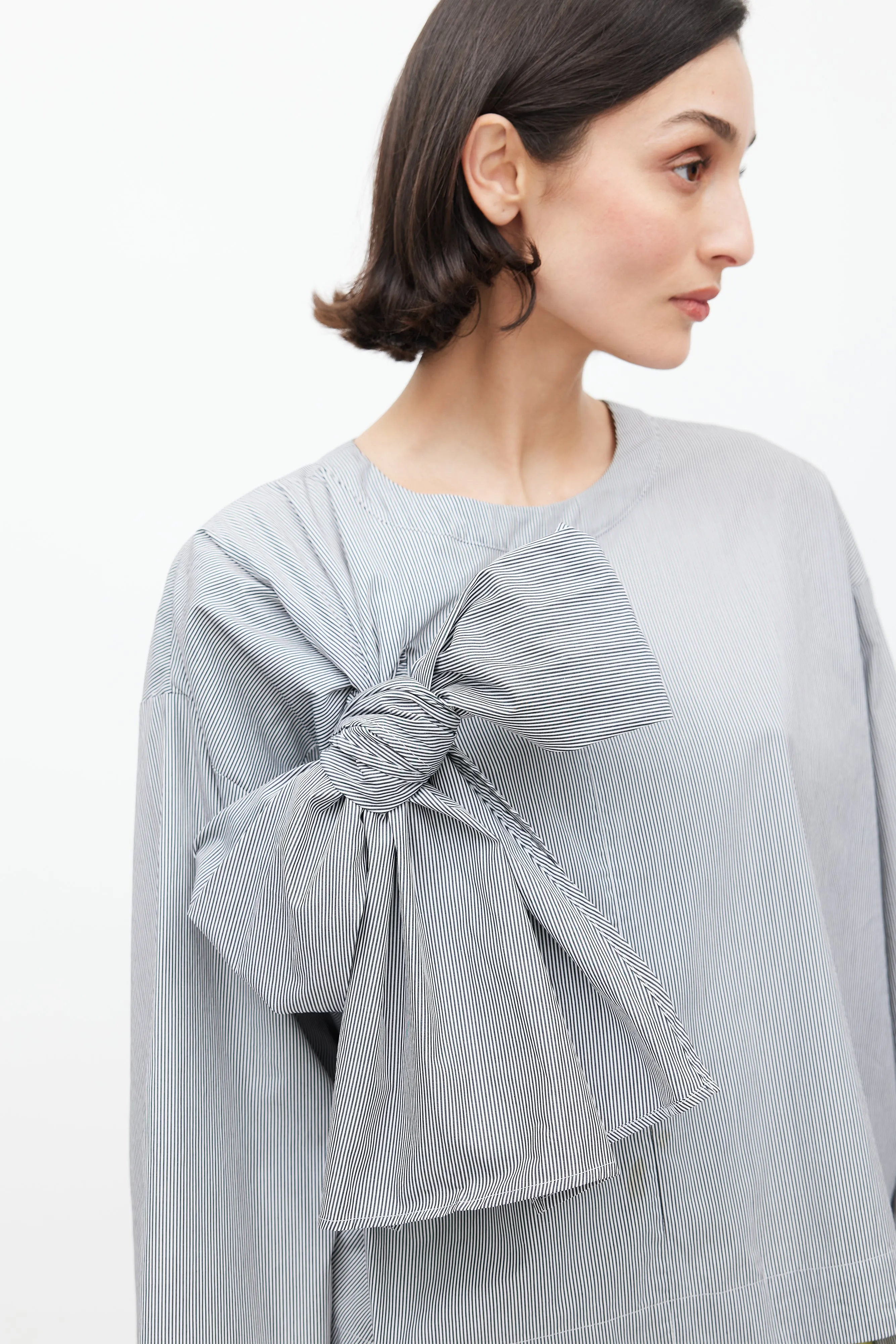 Blue & White Pinstripe Bow Front Top