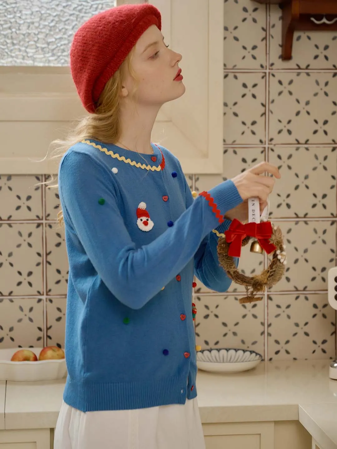 Clara Christmas Pattern Pom Pom Detail Button Front Cardigan