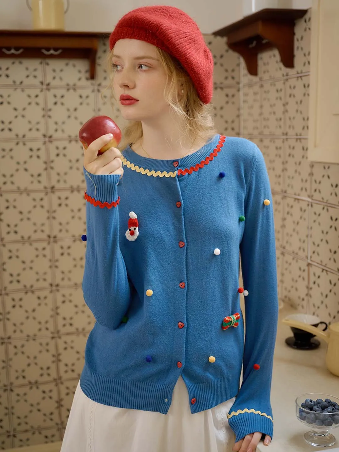Clara Christmas Pattern Pom Pom Detail Button Front Cardigan