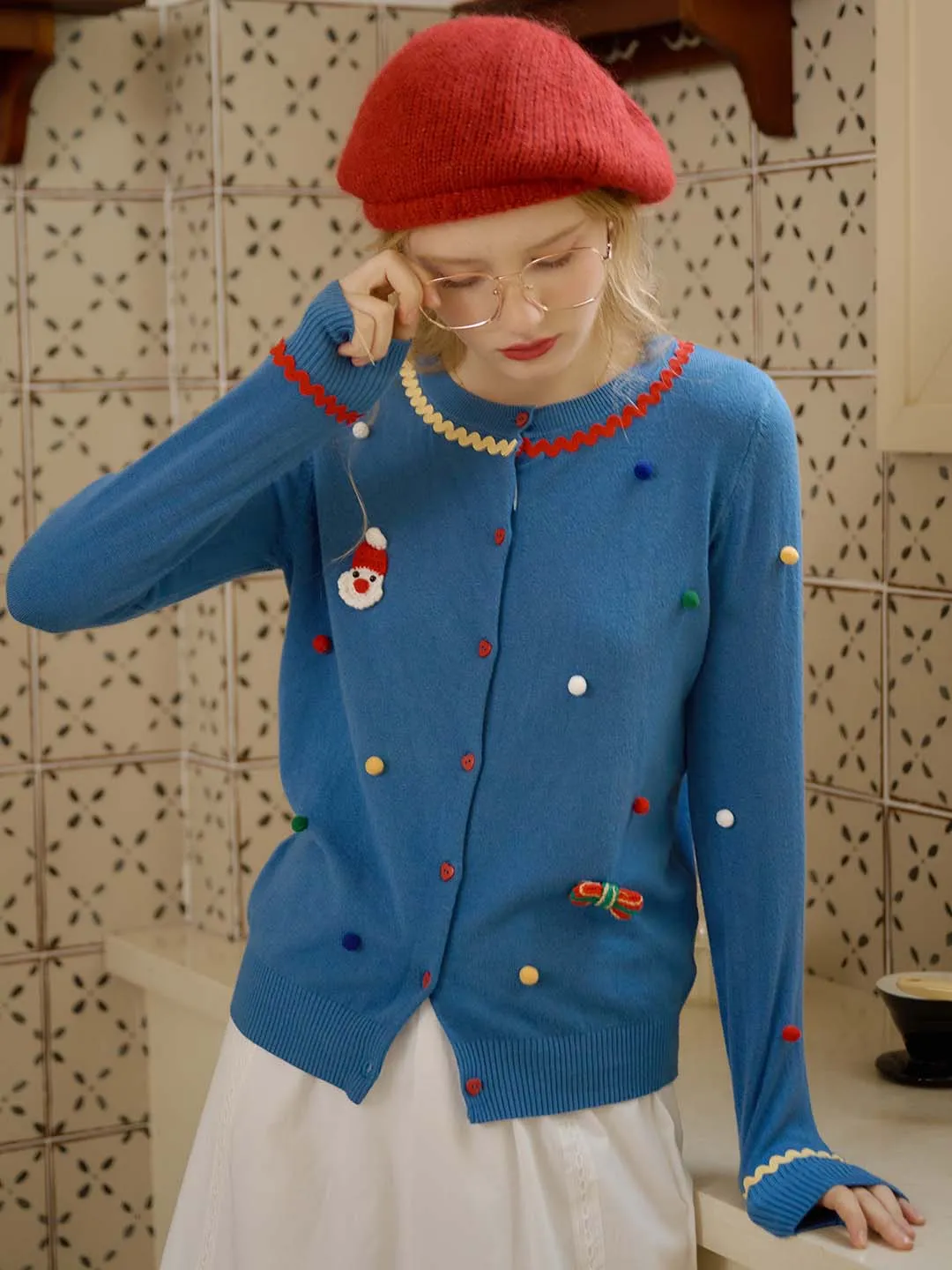Clara Christmas Pattern Pom Pom Detail Button Front Cardigan