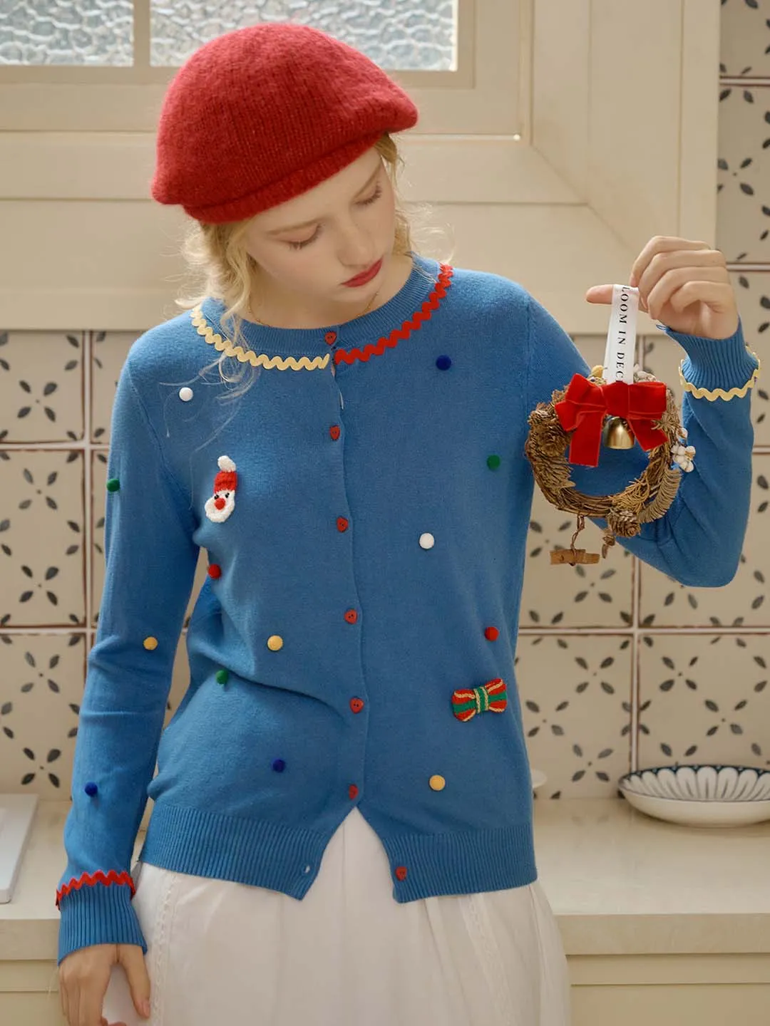 Clara Christmas Pattern Pom Pom Detail Button Front Cardigan