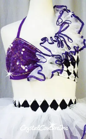Custom Purple with White/Black 3 Piece Halter Top, Booty Shorts, and Tulle Skirt - Swarovski Rhinestones