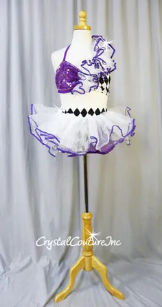 Custom Purple with White/Black 3 Piece Halter Top, Booty Shorts, and Tulle Skirt - Swarovski Rhinestones