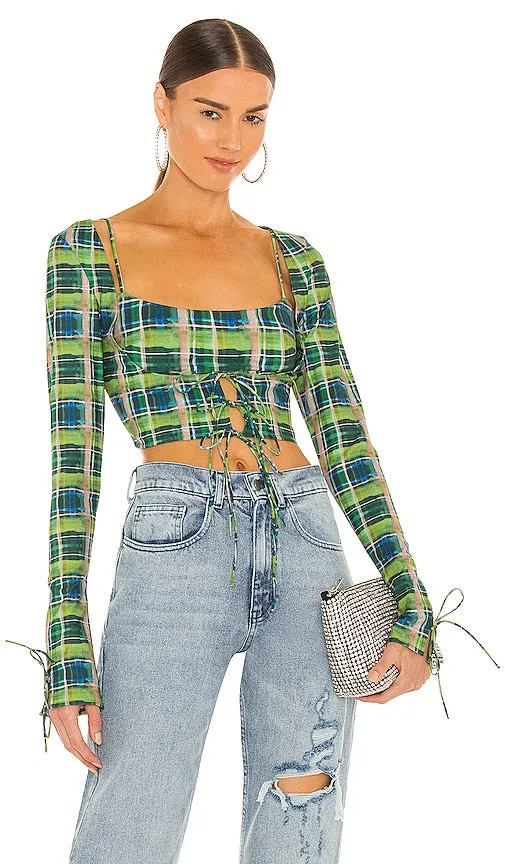 DANIELLE GUIZIO Plaid Scoop Tie Cardigan in Green
