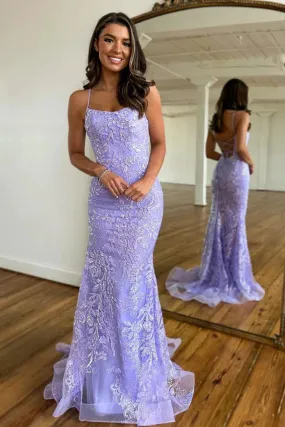 Mermaid Scoop Neck Lilac Sequin Lace Long Prom Dresses Charming Evening Dress