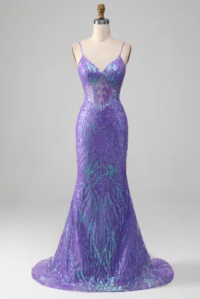 Mermaid Spaghetti Straps Sparkly Sequin Purple Corset Prom Dress Sexy Evening Dresses