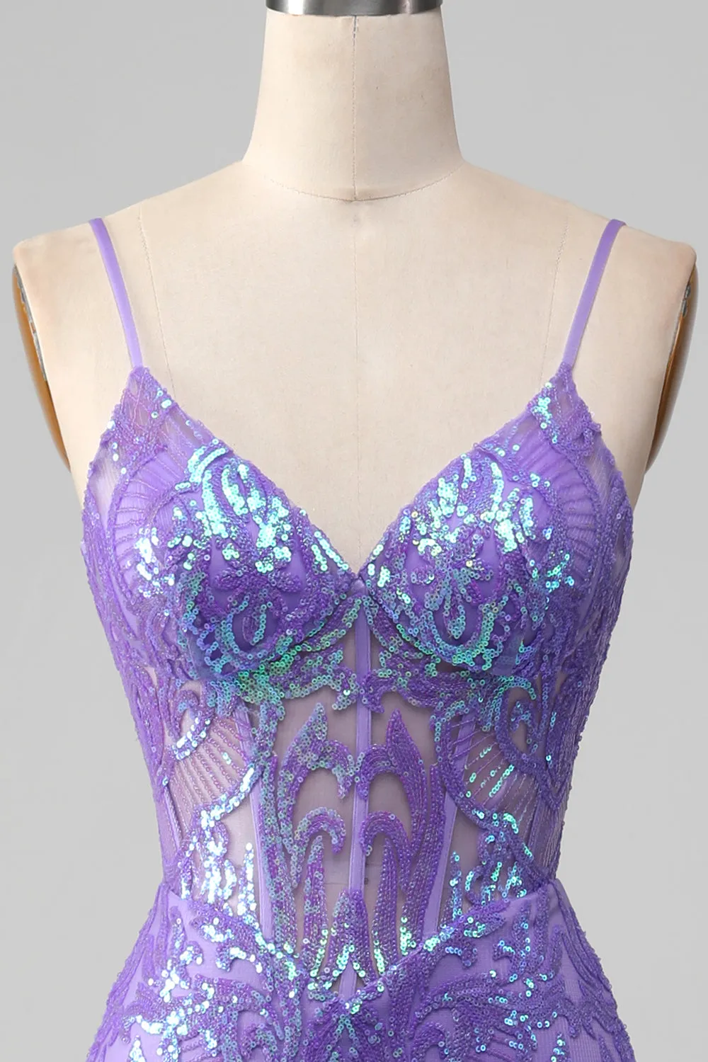 Mermaid Spaghetti Straps Sparkly Sequin Purple Corset Prom Dress Sexy Evening Dresses