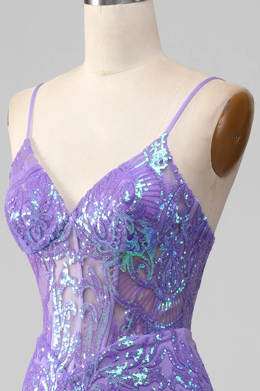 Mermaid Spaghetti Straps Sparkly Sequin Purple Corset Prom Dress Sexy Evening Dresses