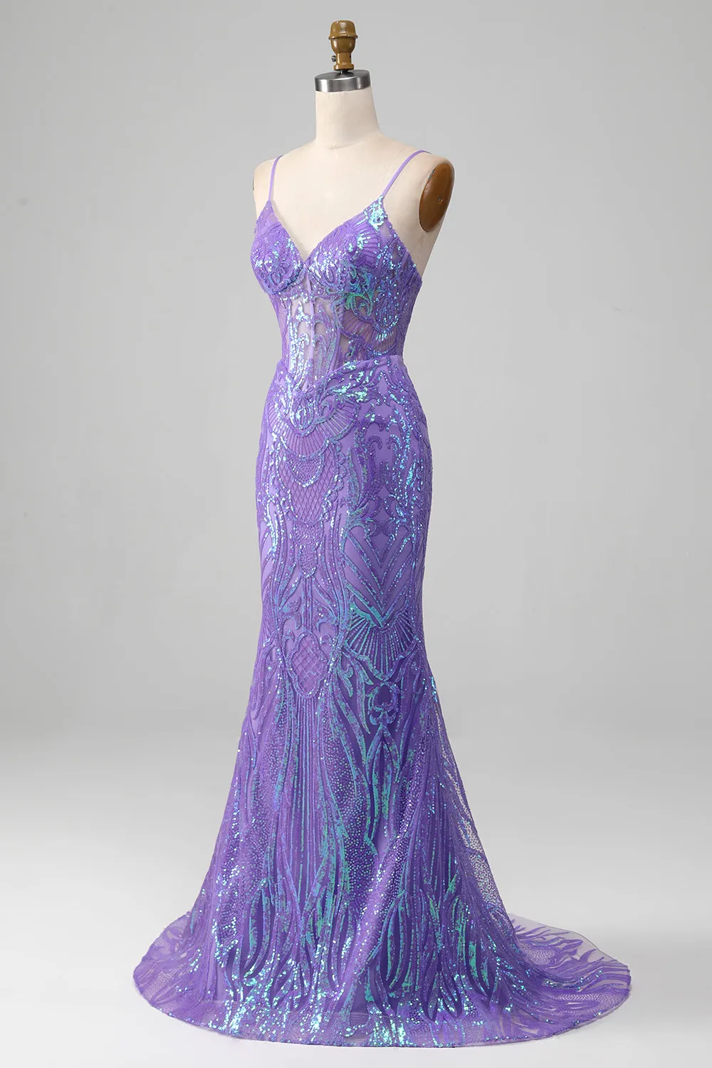 Mermaid Spaghetti Straps Sparkly Sequin Purple Corset Prom Dress Sexy Evening Dresses