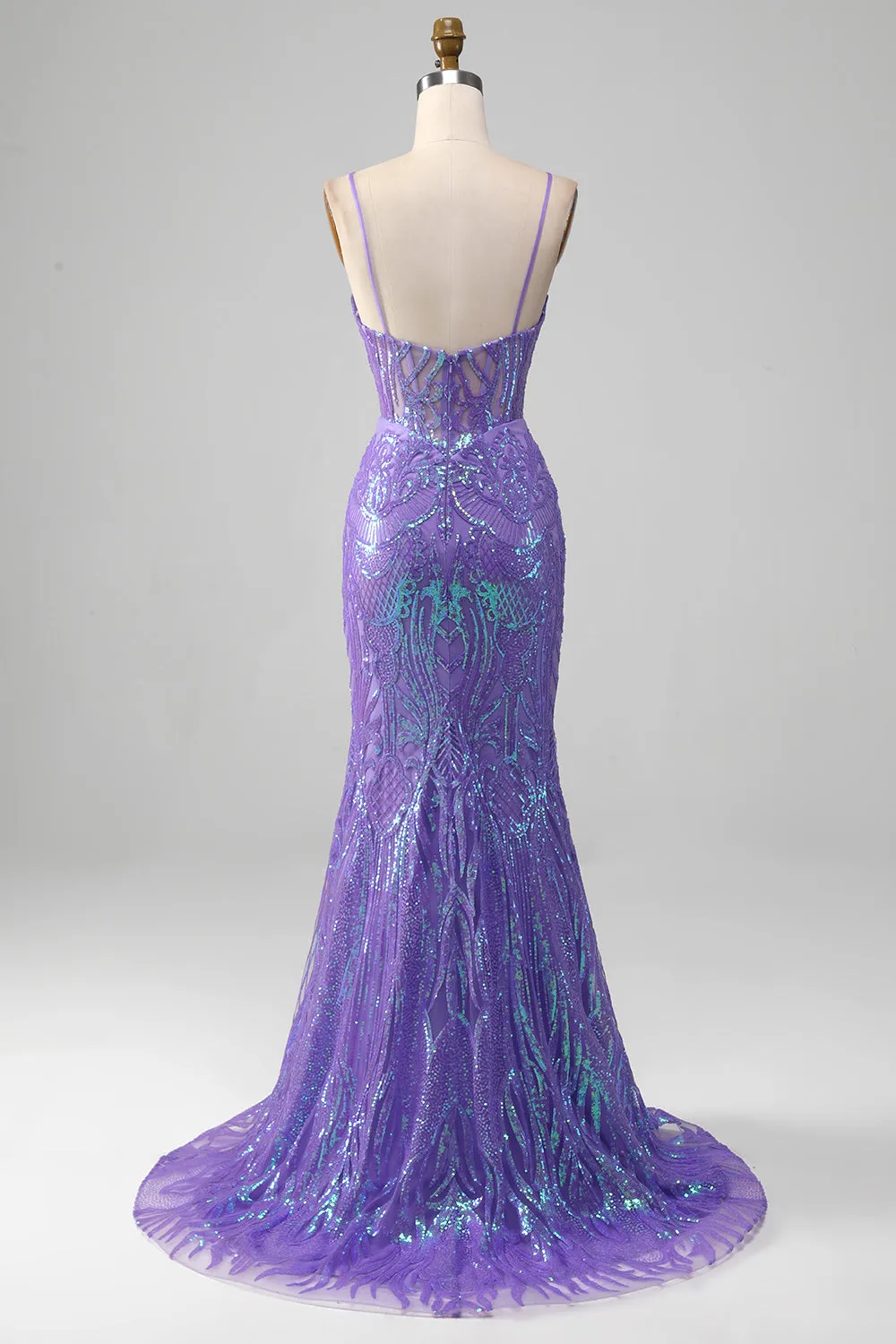Mermaid Spaghetti Straps Sparkly Sequin Purple Corset Prom Dress Sexy Evening Dresses